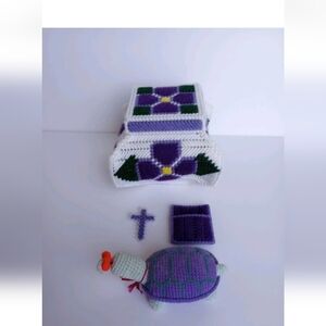 Vtg Needle Point Plastic Canvas Trinket Box With Pin Cushion Cross & Holder